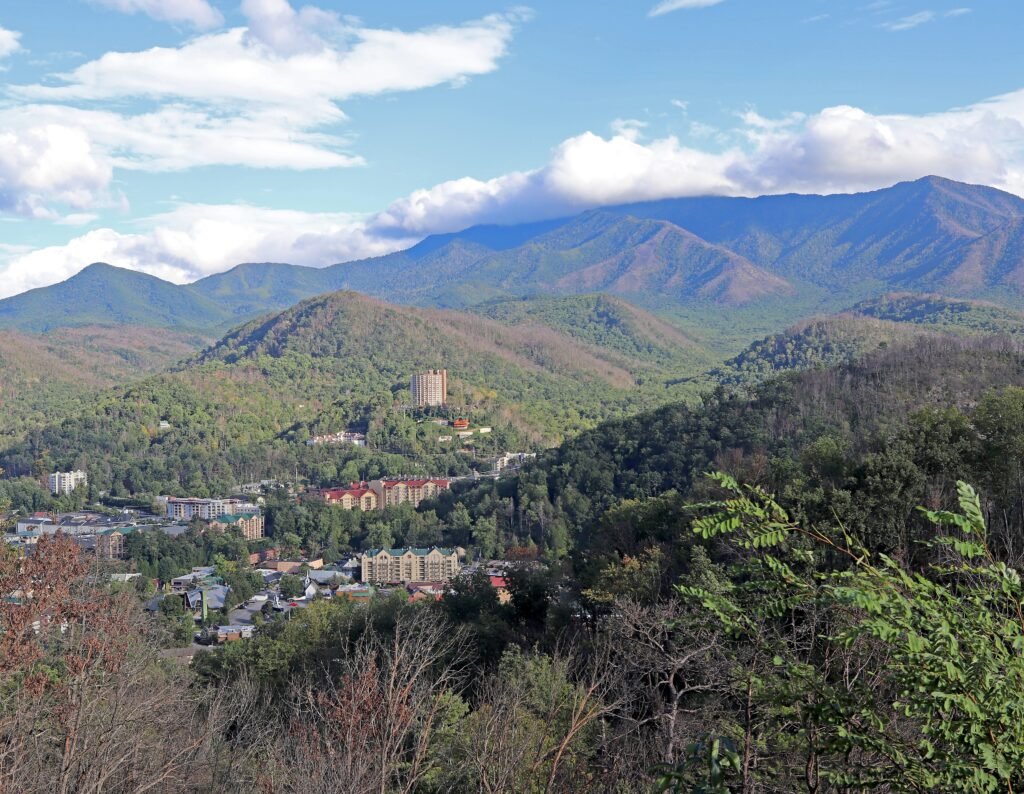 Modern color view of Gatlinburg, Tennessee and the surrounding Smoky Mountains